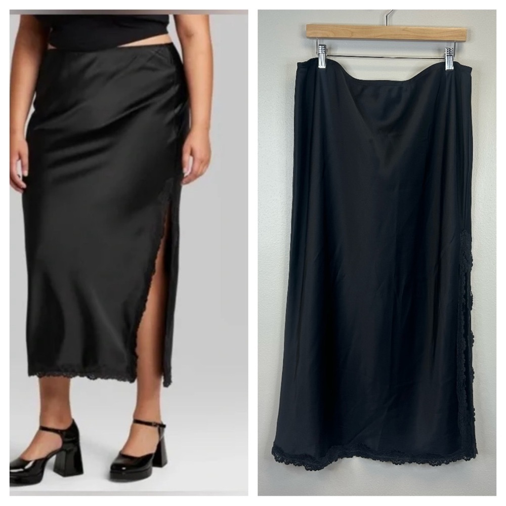 Wild Fable XL Black Satin Maxi Skirt Lace Trim Side Slit Sexy Whimsigoth Y2K 90s